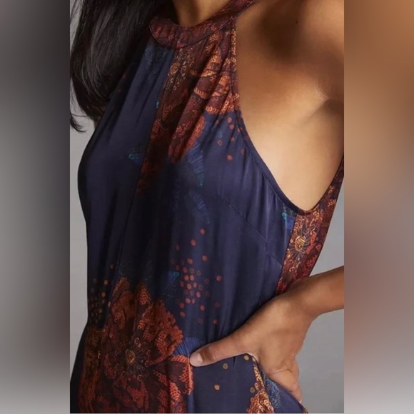 ANTHROPOLOGIE FARM RIO SLEEVELESS FLORAL HALTER JUMPSUIT SIZE M NAVY/ORANGE NWT - Picture 6 of 11